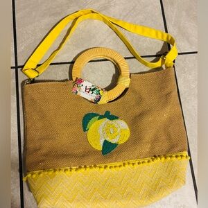 America & Beyond Beaded Lemon Jute Tote Bag